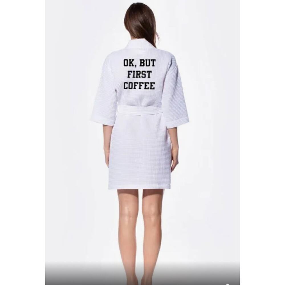 CoCus‎ Pocus Soft Plush Robe  "Ok,But First Coffee" White One Size Sealed NWT